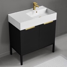 Modern Bathroom Vanity, 32 inch, Matte Black, Free Standing, Gold Handles